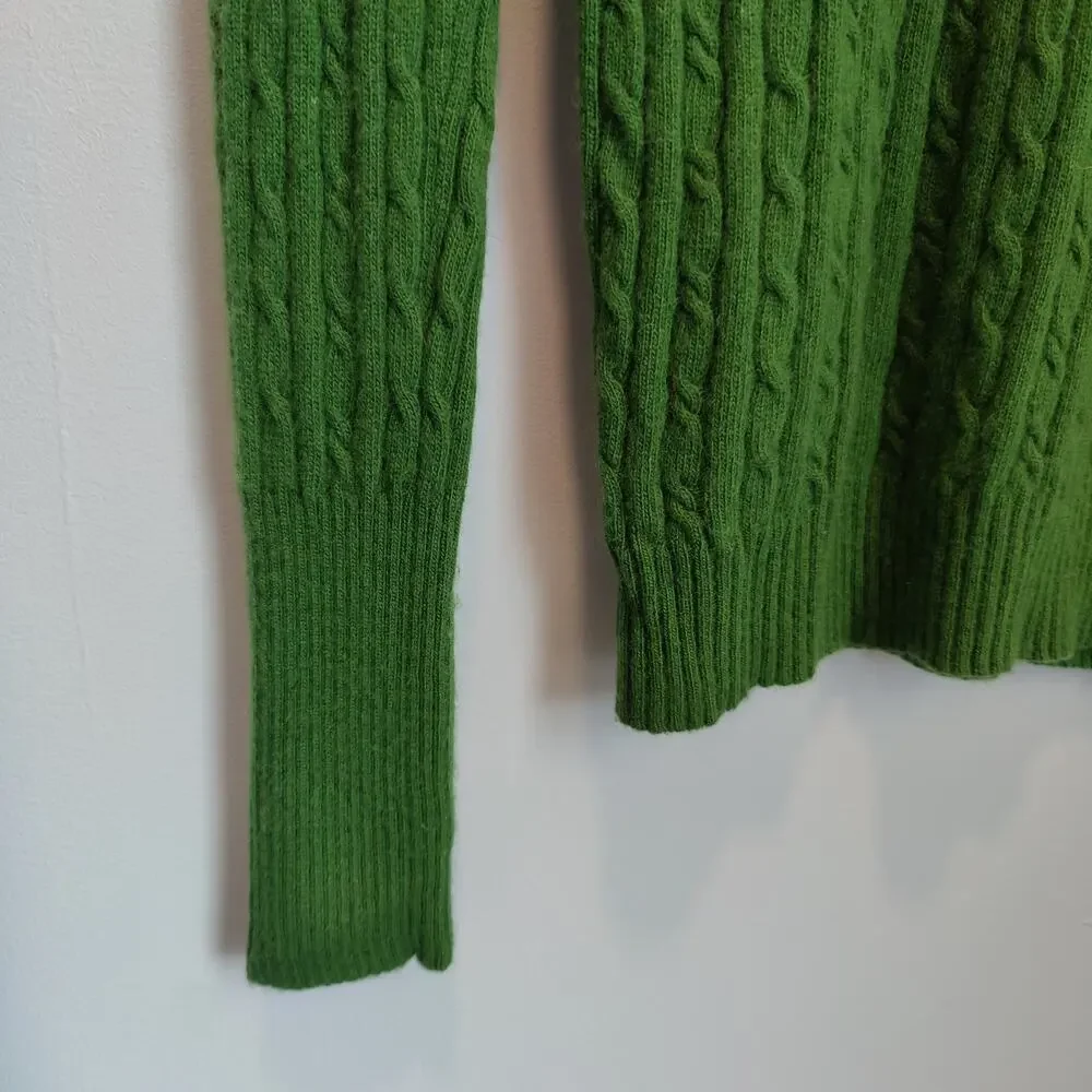 J. Crew Y2K Womens Sz S Green Cable Knit Turtleneck Sweater Wool Cashmere Fitted